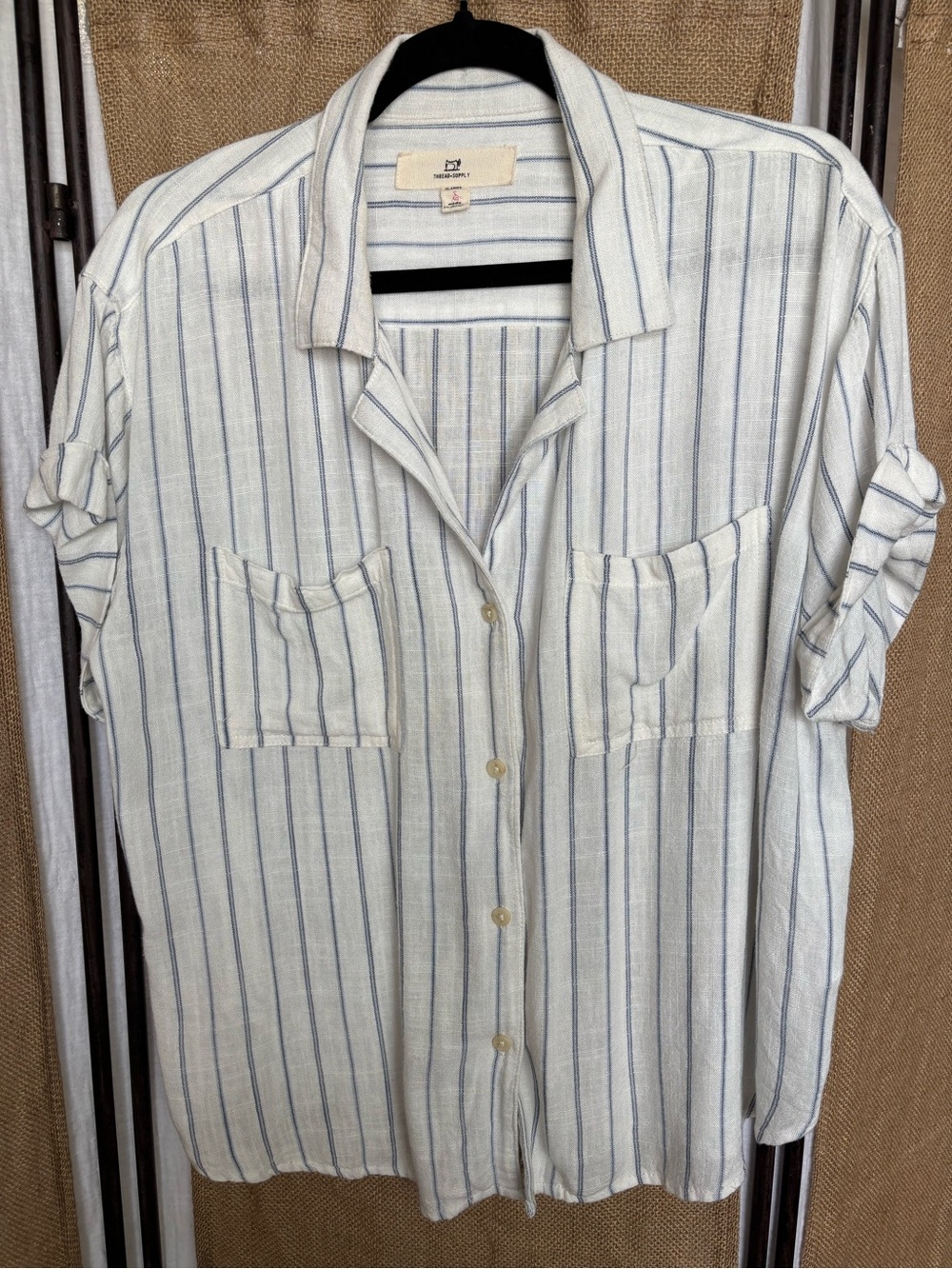 Thread & Supply Blue White Vertical Stripe Rayon Linen Button-Up Shirt XL